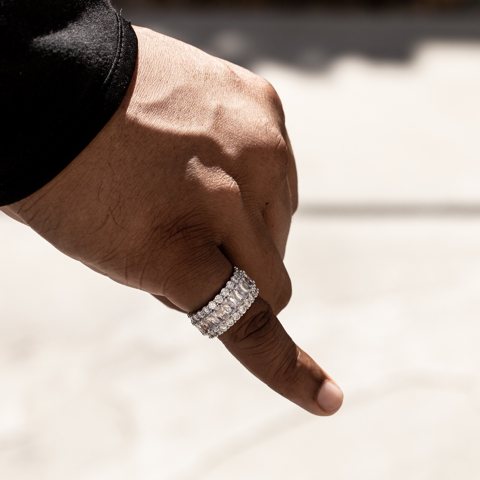 Iced Pointer Men's White Gold Plated Layered Emerald Cut Statement Eternity Ring