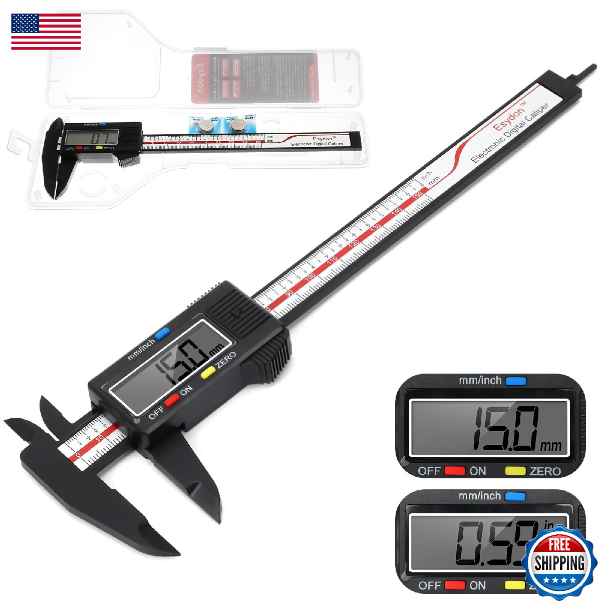 Esydon Upgraded 6" Digital Caliper Electronic Ruler Tool w/Large LCD