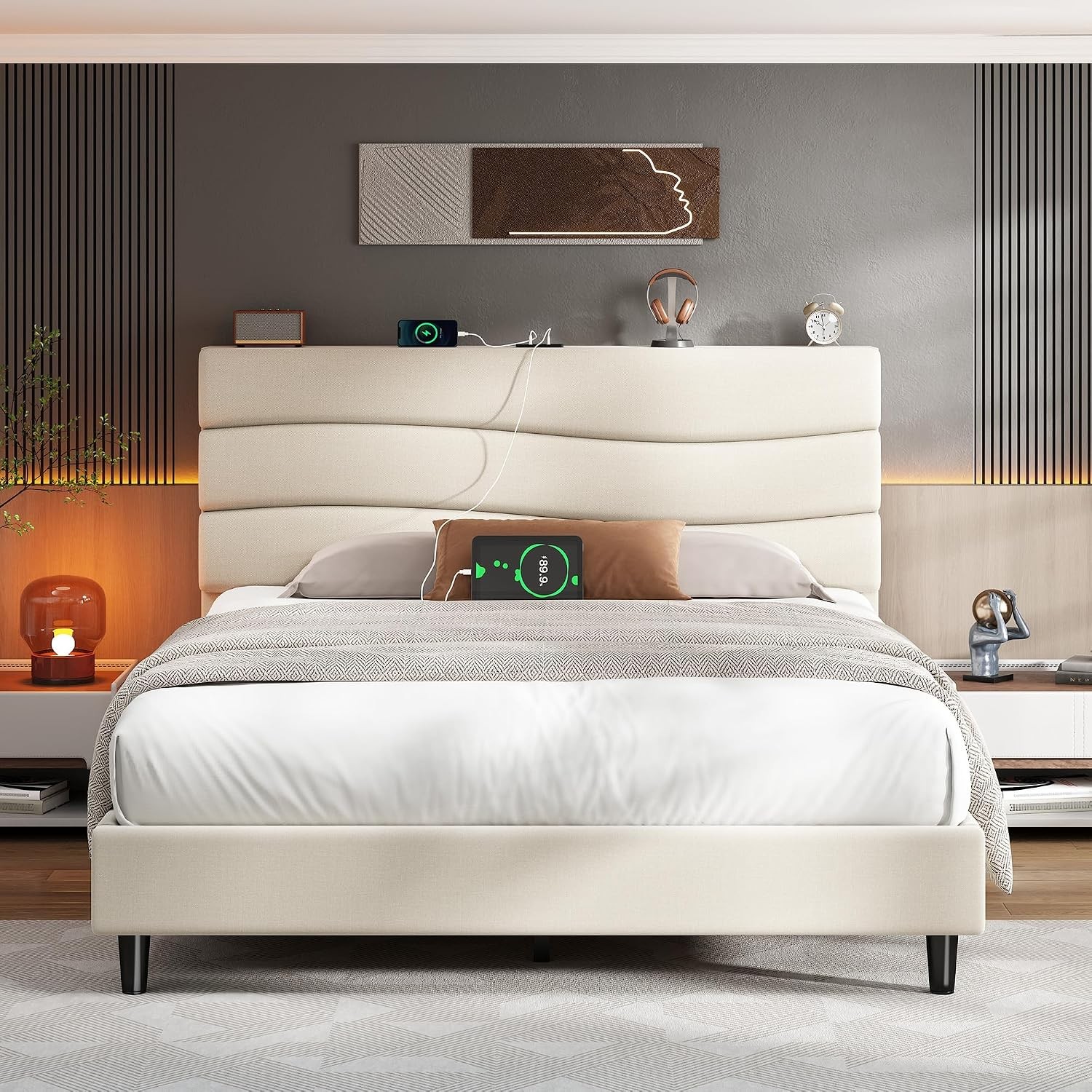 Twin Size Bed Frame W/ Adjustable Height Headboard Noise-Free Upholstered