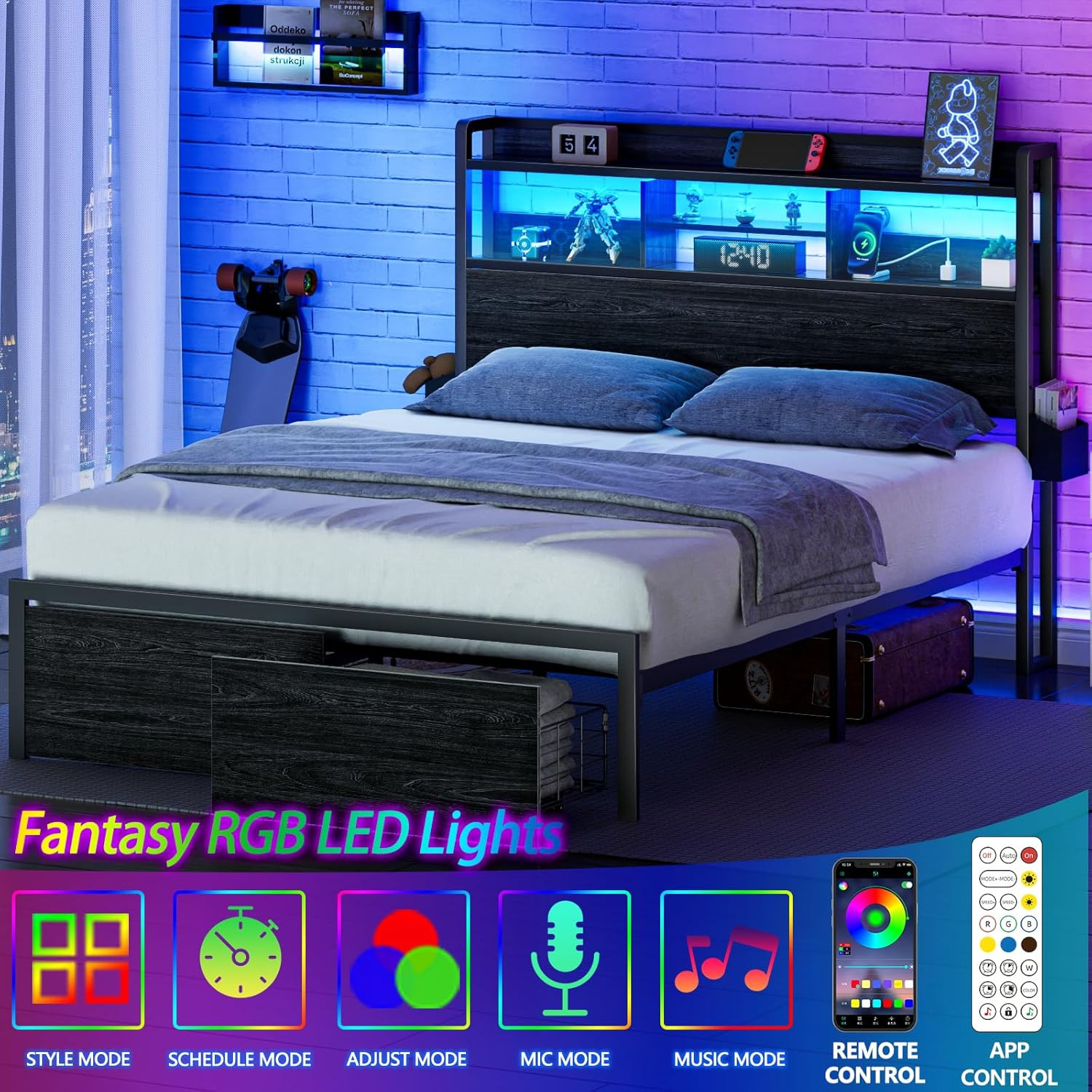 Full Size Bed Frame with Wood Headboard, Metal Platform Bed Frame Full Size w...