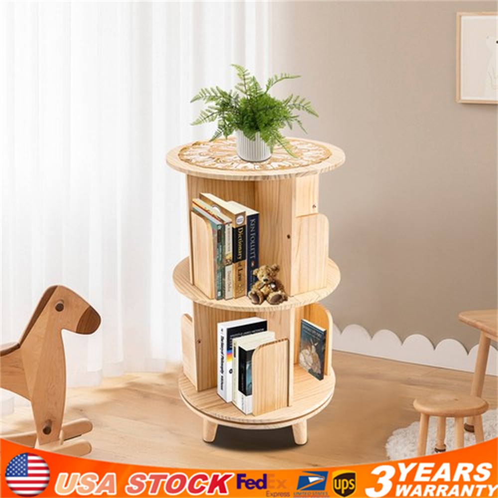 360° Rotating Bookshelf Wood Bookcase Storage Shelf Freestanding Display Rack