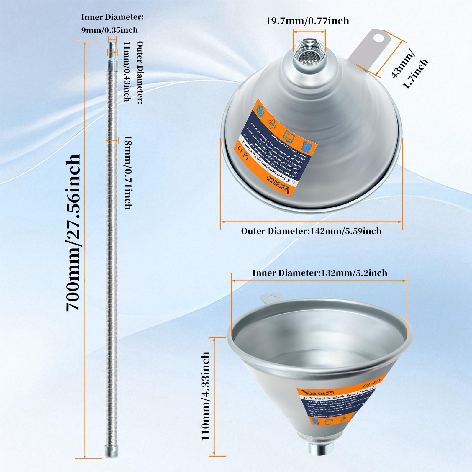 Yuesstloo 27.56" Steel Bendable Spout Funnel with Filter for All Silver