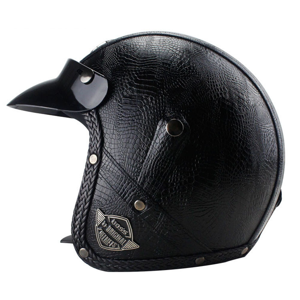 Motorcycle Helmet Deluxe Black Leather Open Face Scooter Biker Helmet Moto Casco