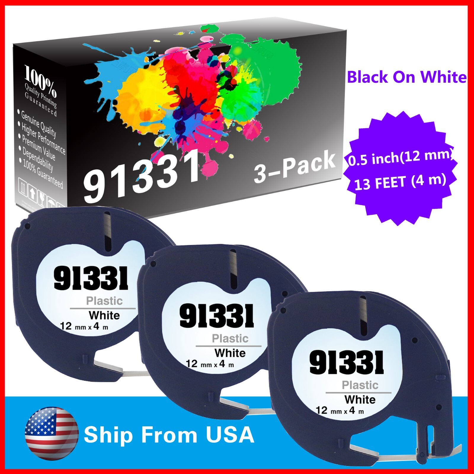 3-Pack 91331 Label Tape S0721660 for Dymo LetraTag LT-100T QX50 Label Maker