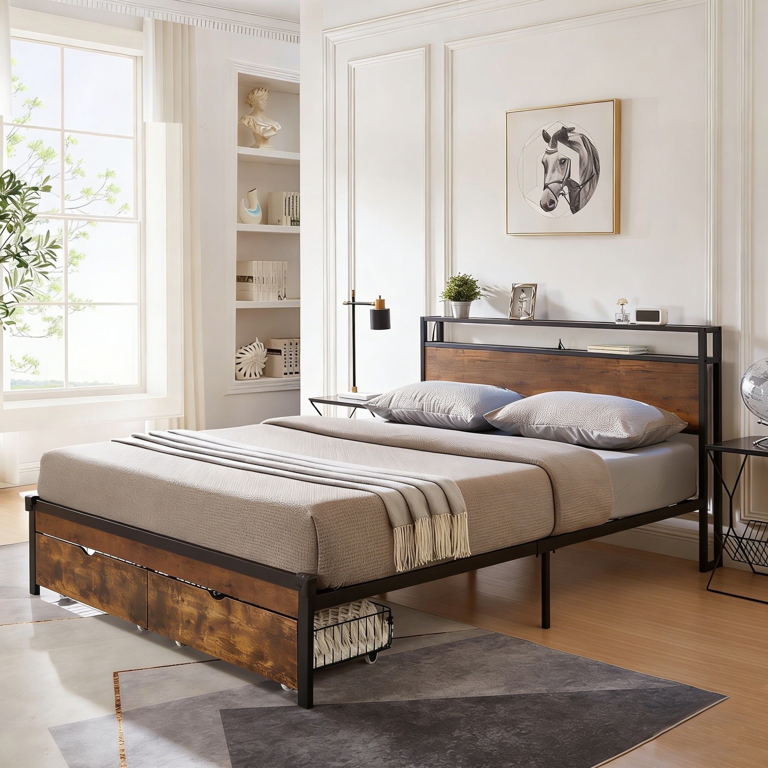 Queen Size Metal Platform Bed Frame with Wood Headboard & USB Ports & 2 Drawers