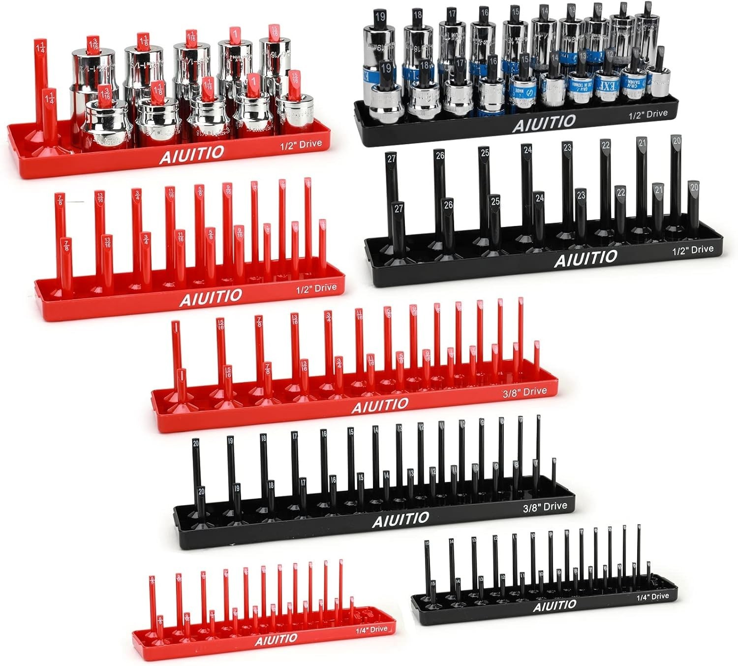 Mechanic Tool Organization - 6/8 Piece Socket Tray Set Red Sae Black