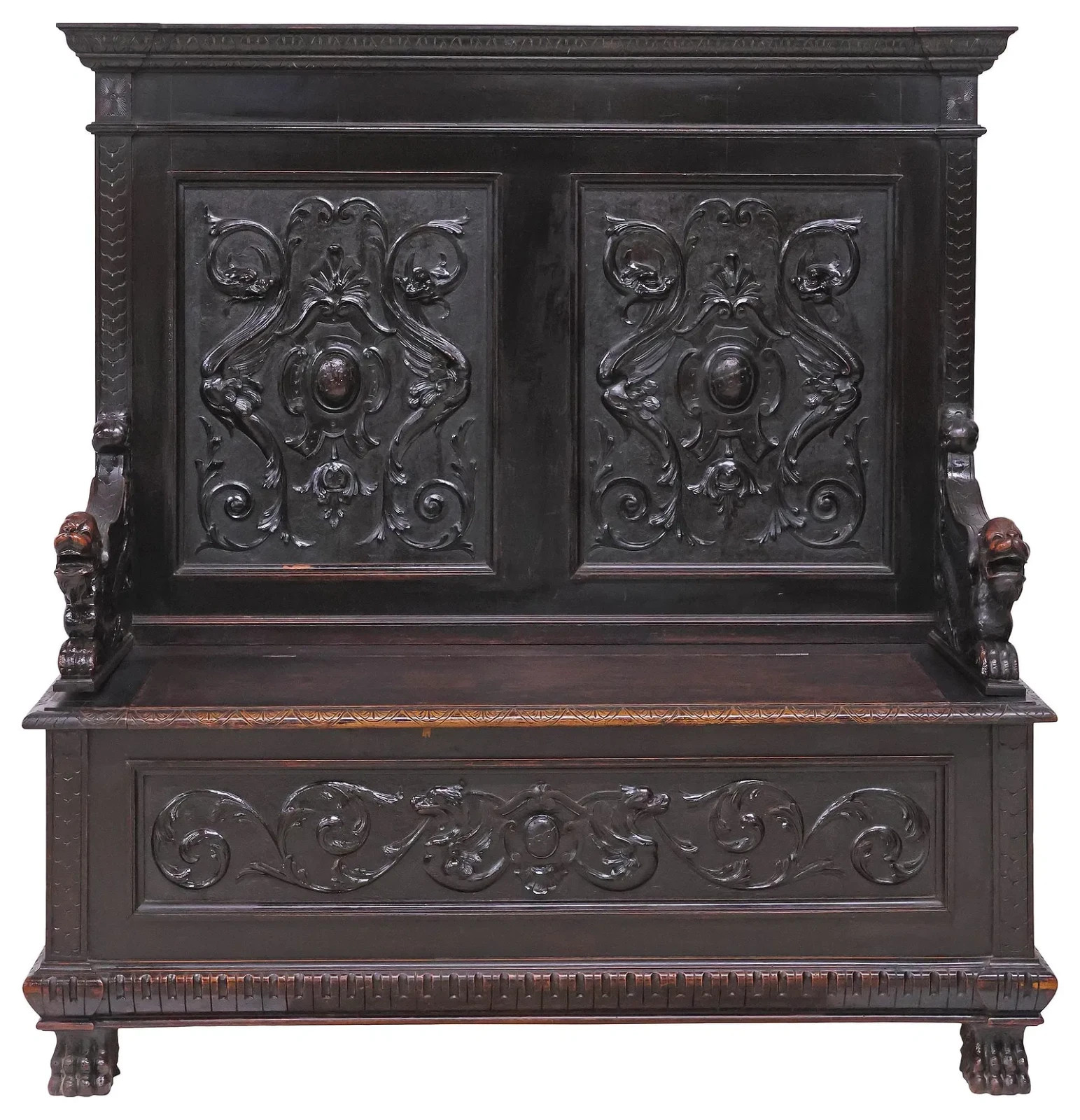 Hall Bench, Italian Renaissance Revival, Walnut, w/ Dragons, Storage, 1800s!