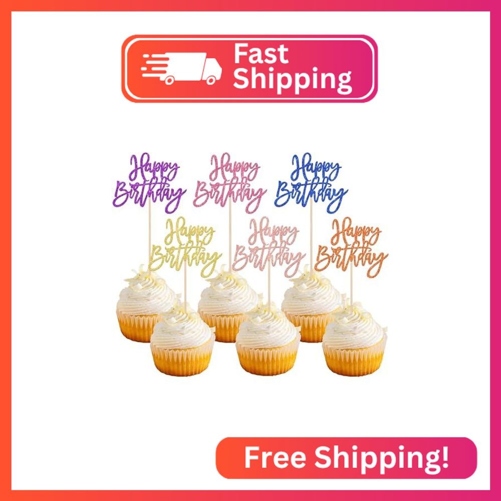 24 PCS Happy Birthday Cupcake Toppers - Multi 6 Colors Glitter Picks for Celebra
