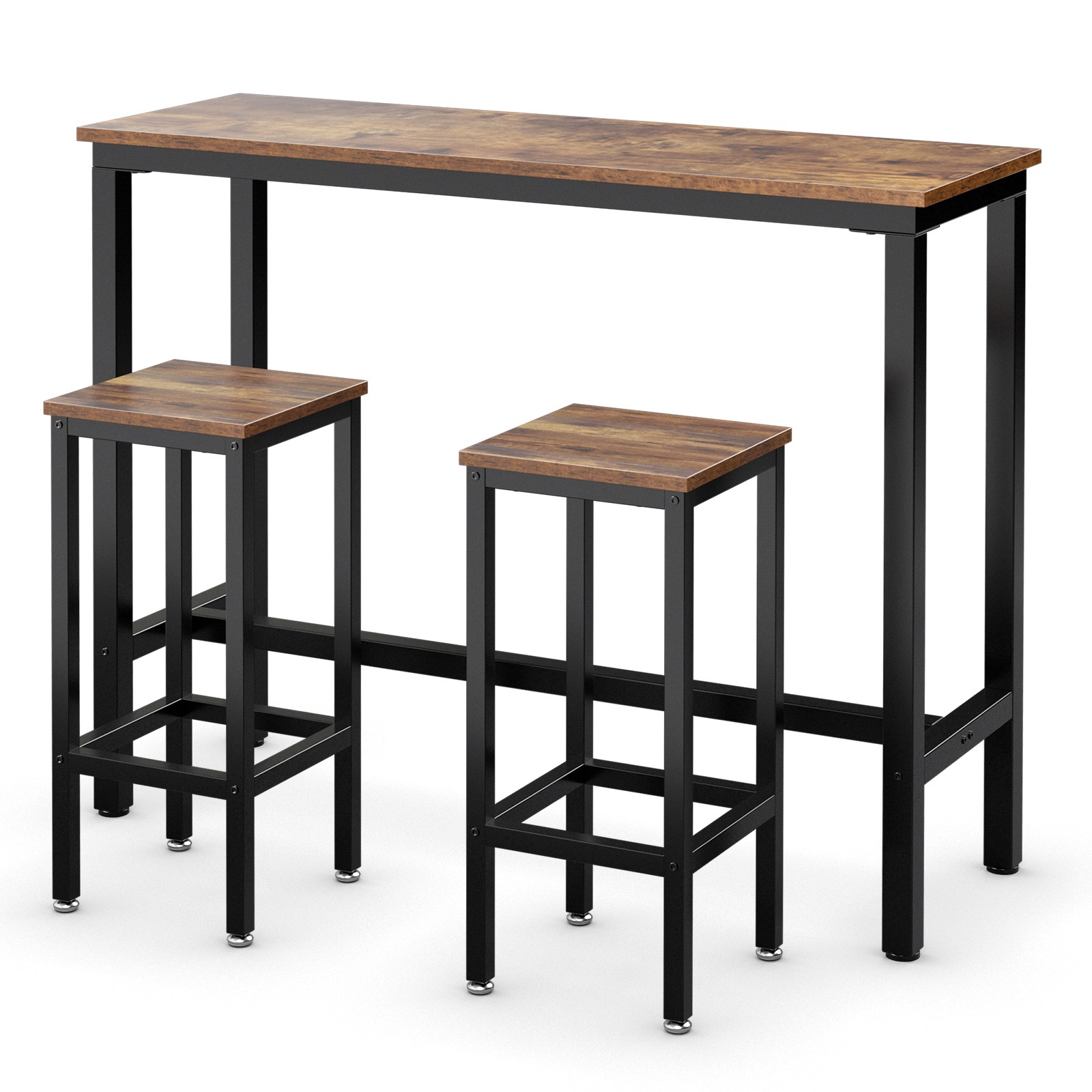 3 Pieces Bar Table Set Counter Height Bar Table w/Stools Set Rustic Brown