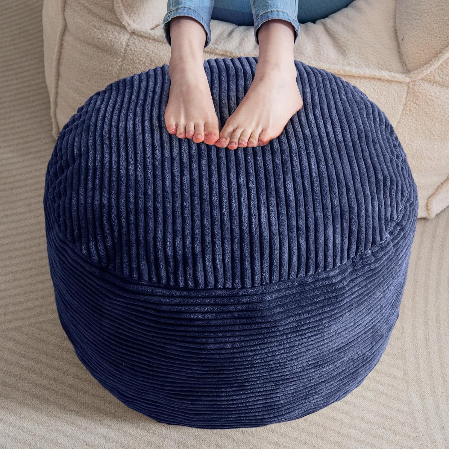 Round Stuffed Pouf Ottoman Corduroy Poufs W/ Foam Chunk Filling Furry & Fluffy