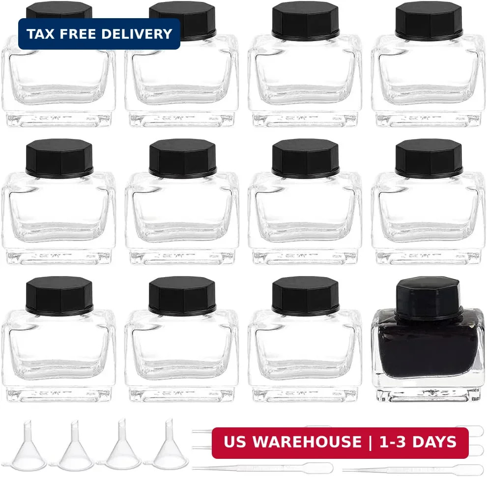 12Pcs Heavy Duty Glass Ink Jars, 15ml/0.51oz Glass Bottles with Black