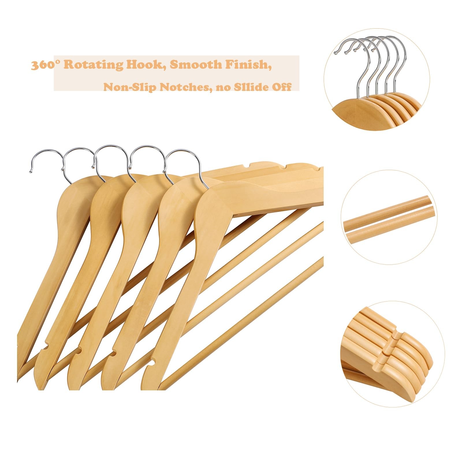 20 Pack Hanger Natural Color Wood Suit Hangers with Round bar and 360° Rota-T...