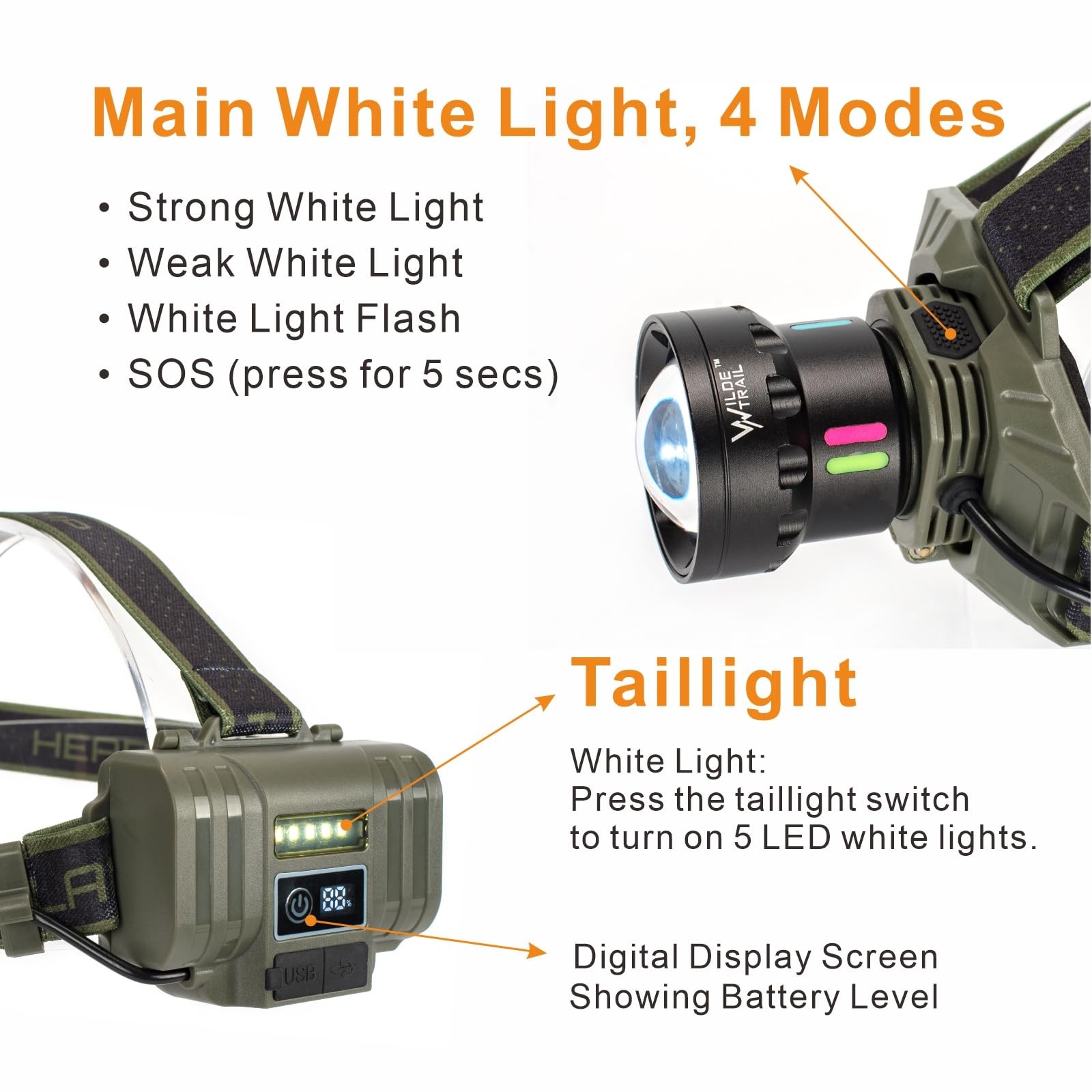 WILDE TRAIL Rechargeable LED Headlamp, 2000LM Super Bright Head Lamp with Zoo...