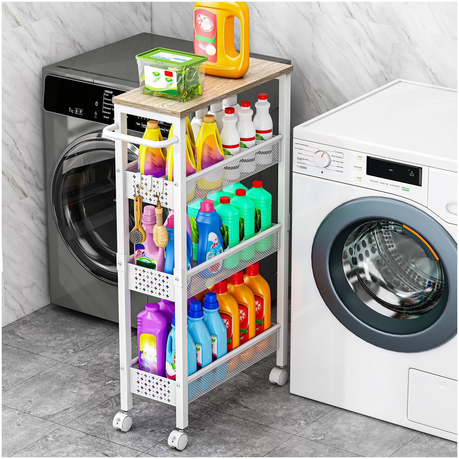 Utility Slim Storage Cart, 4 Tier Small Rolling Kitchen Laundry Room Cart wit...