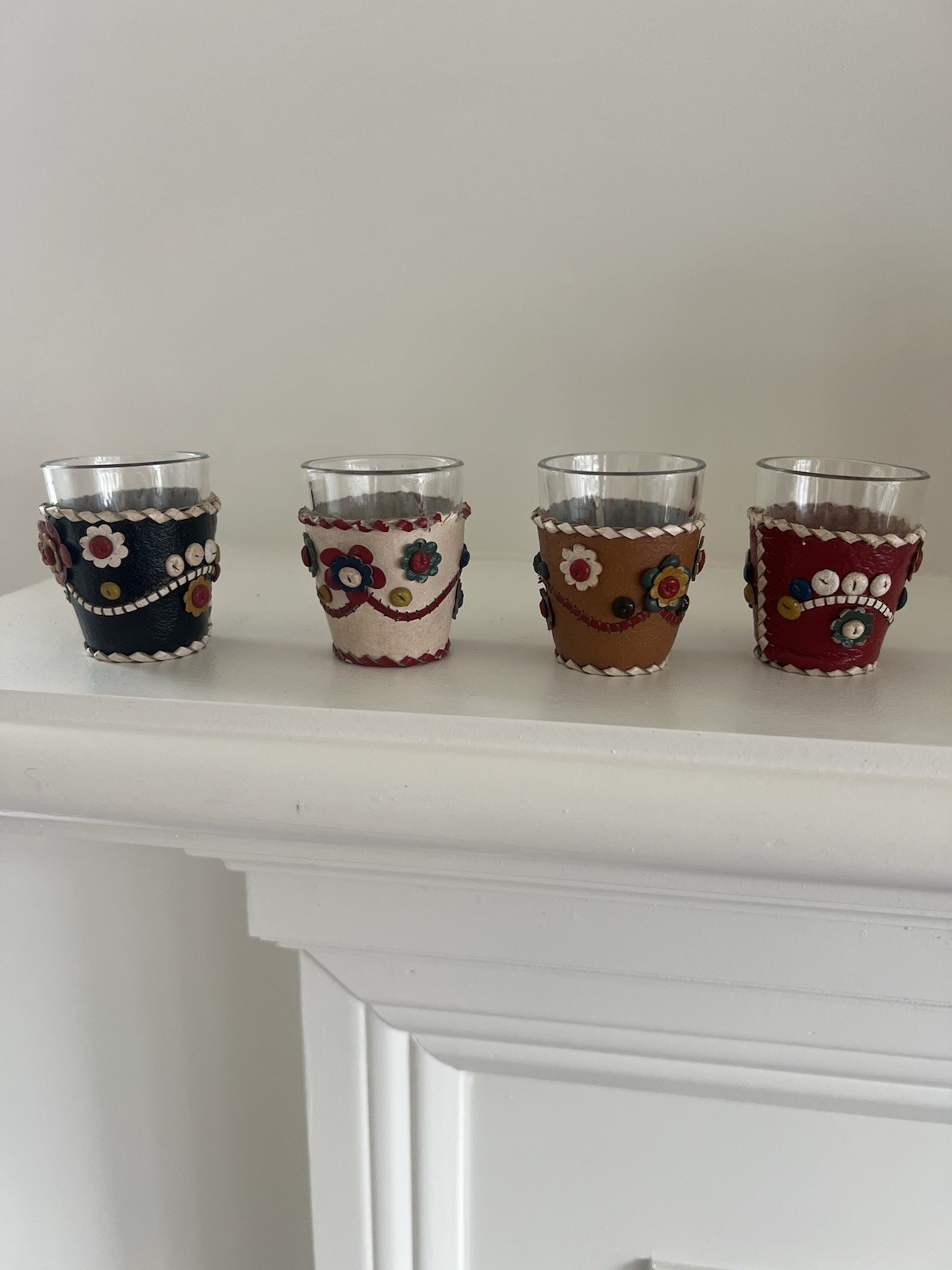 Vintage Leather Wrapped 1960 Folkart Shot Glasses Set of 4
