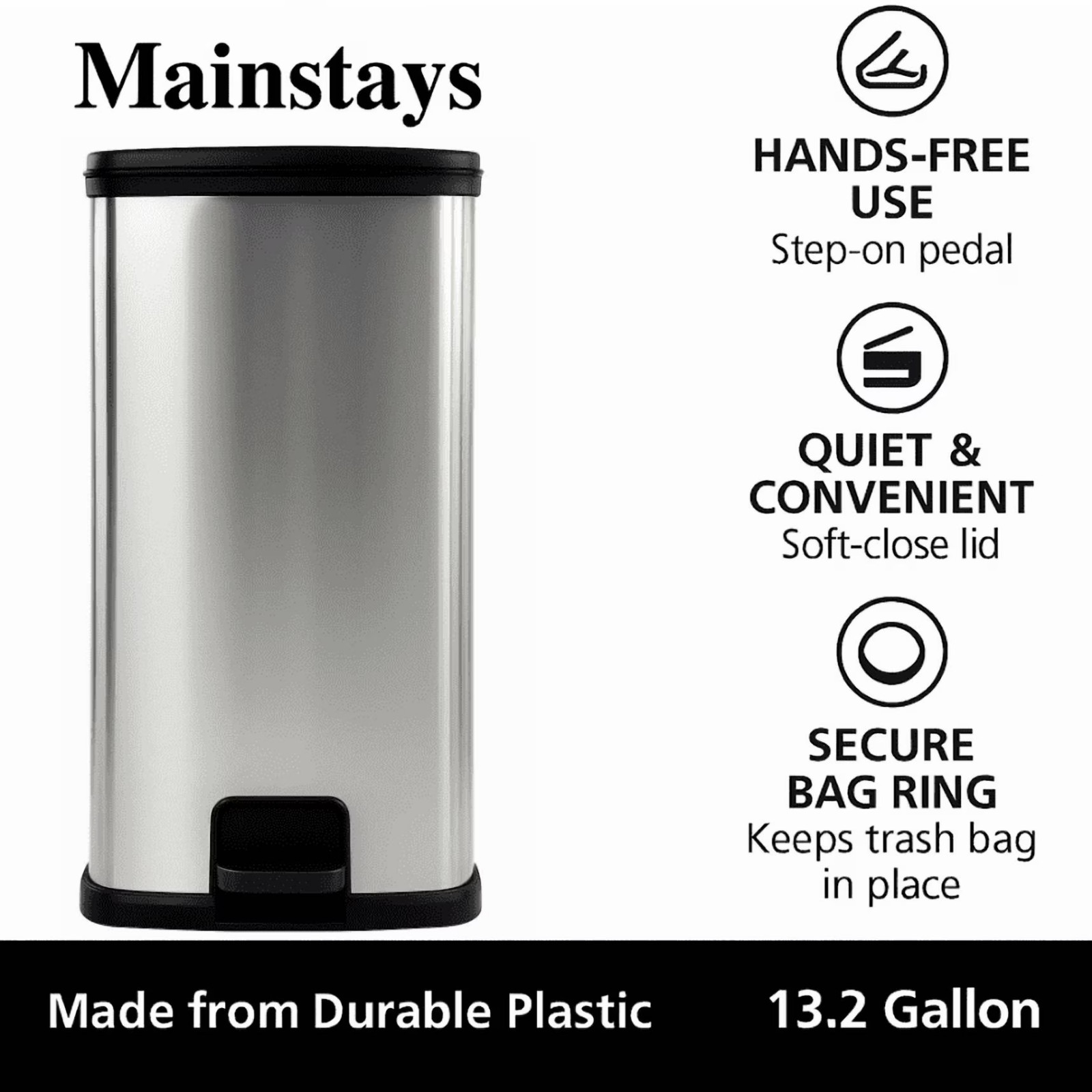 Mainstays Kitchen Trash Can, 13.2Gallon, Plastic Step-on Rectangular Garbage Bin