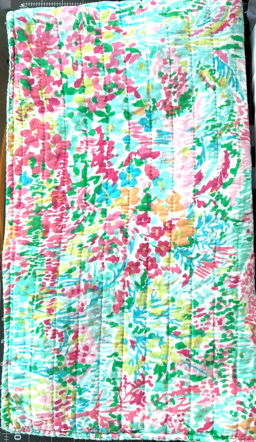 Vintage 1 Pc Quilt Easter Spring Turquoise Pink Floral Cotton Craft 18"x10"