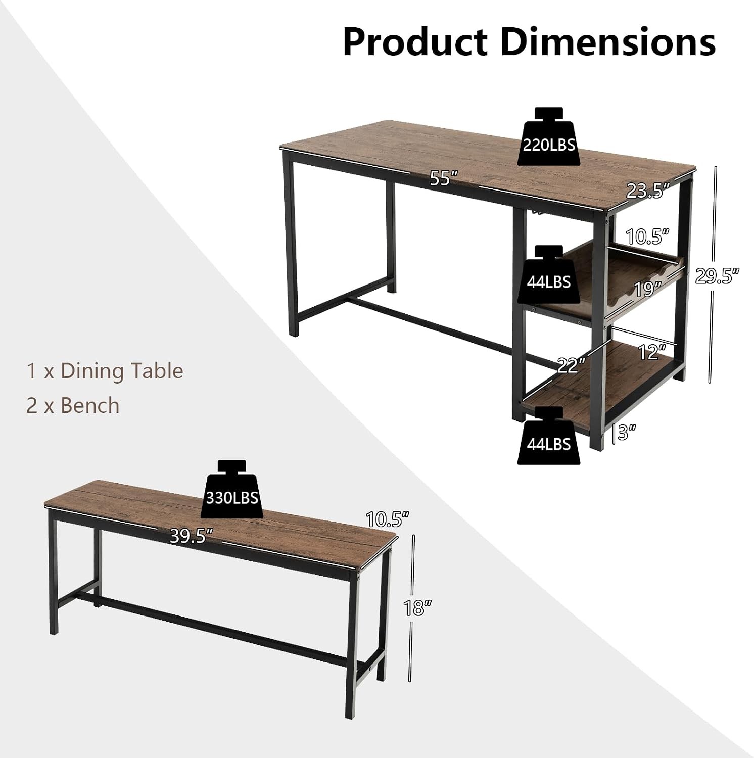 Dining Table Set for 4 3-Piece 55" L Kitchen Table Set w/ 2 Benches Breakfast