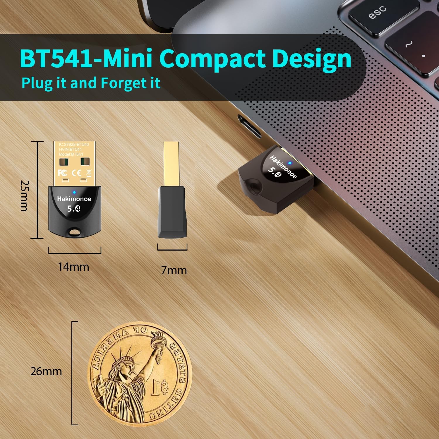 Hakimonoe Upgraded Bluetooth 5.4 Adapter for PC Laptop, Mini Size, Black