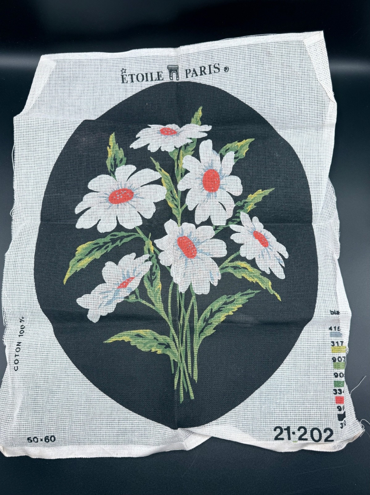 Vintage Etoile Paris Needlepoint Canvas Daisies Floral 23" x 19" Oval