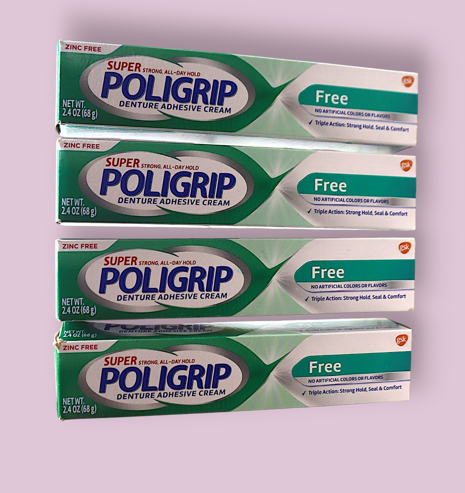 4 x Super Poligrip Zinc Free Denture and Partials Adhesive Cream, 2.4 oz.