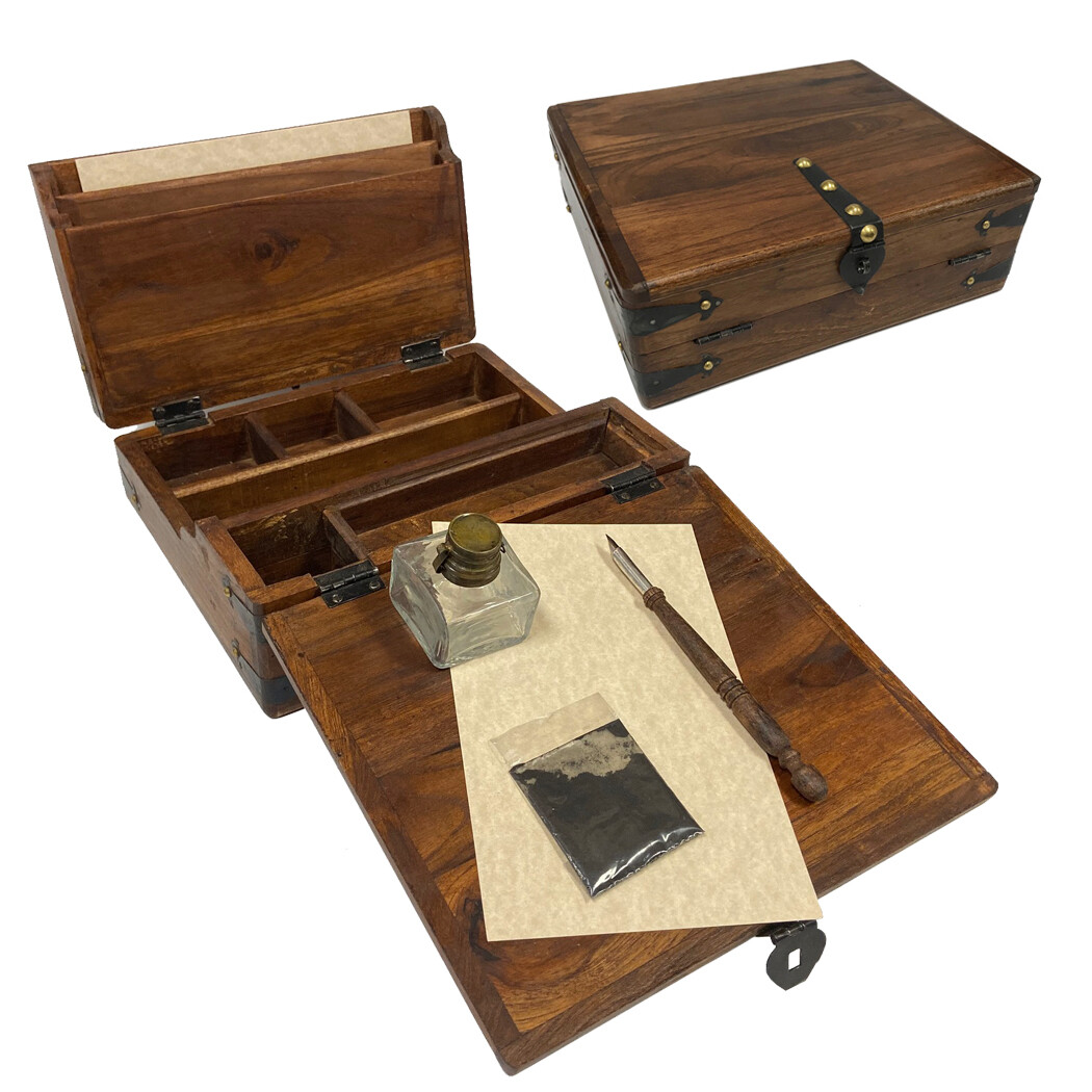 10-1/2" Antiqued Wooden Writing Desk with Accessories