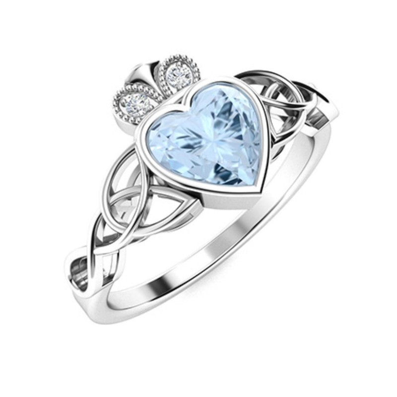 Heart Aquamarine Gemstone Sterling Silver Wife Three-Stone Art Deco Ring