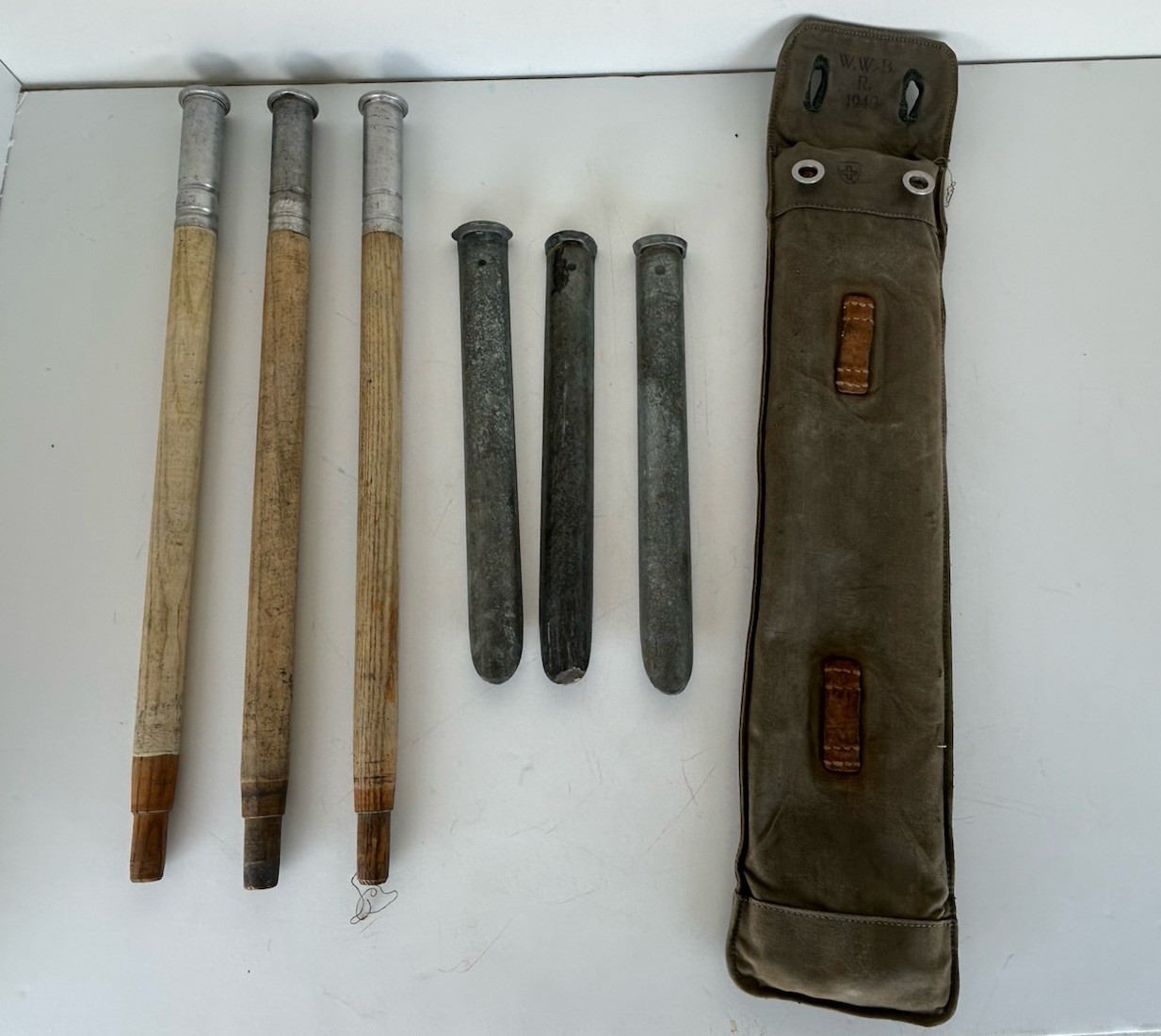 Swiss Military Tent Pole Set WW2 1940 Canvas Bag Wood Poles Metal Stakes