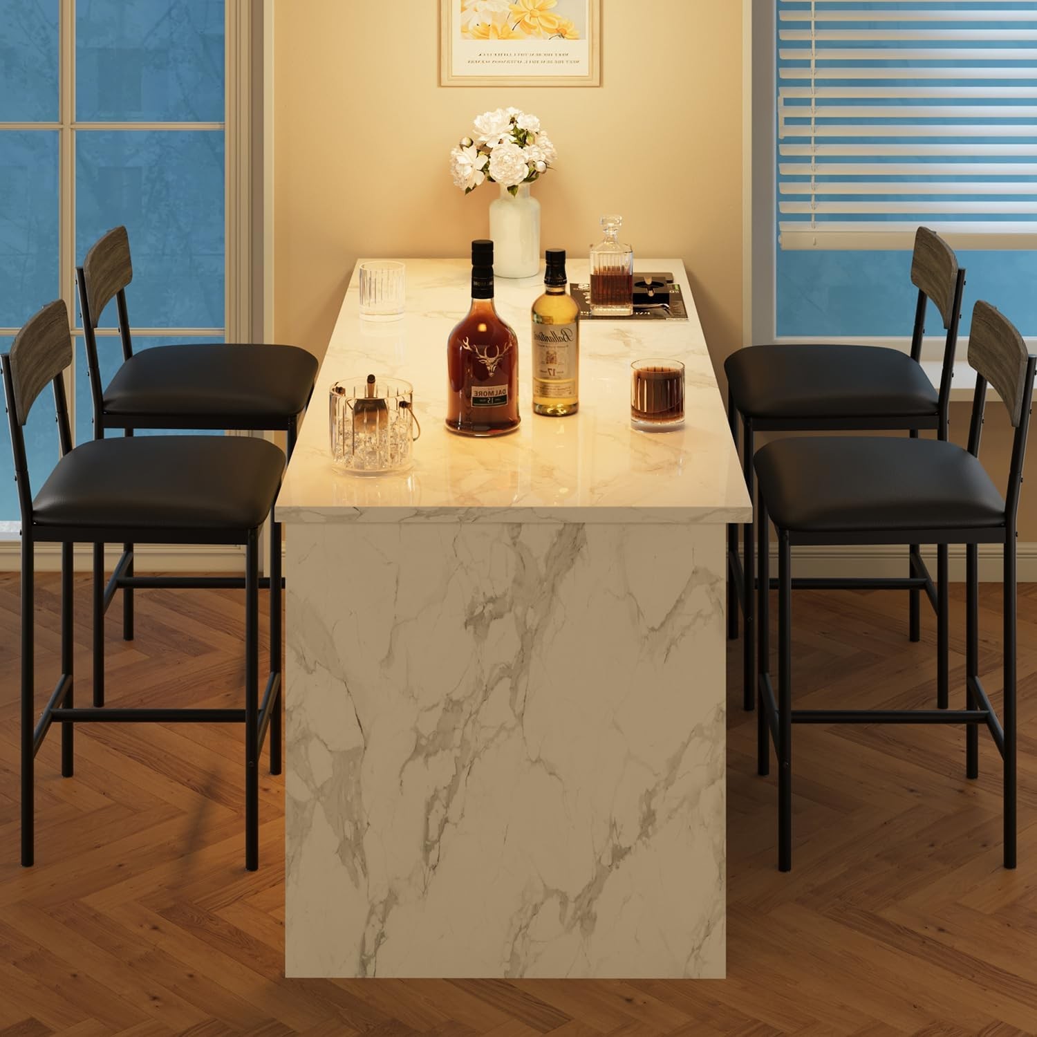 4PCS Bar Stools Upholstered Counter Height Bar Stool with Backrest and Footrest