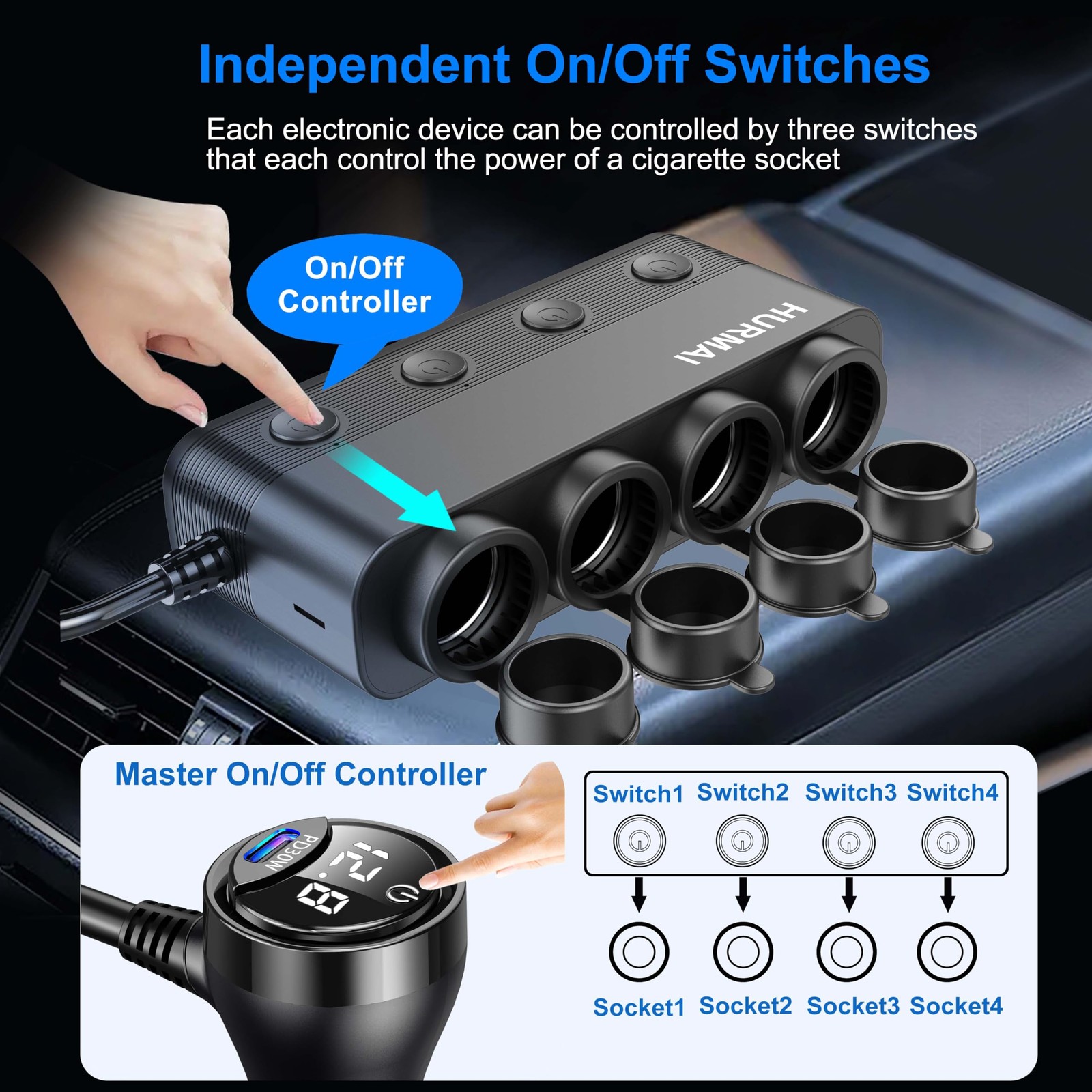 Cigarette Lighter Splitter Adapter 216W 4 Socket USB C PD30W QC3.0 12V 24V