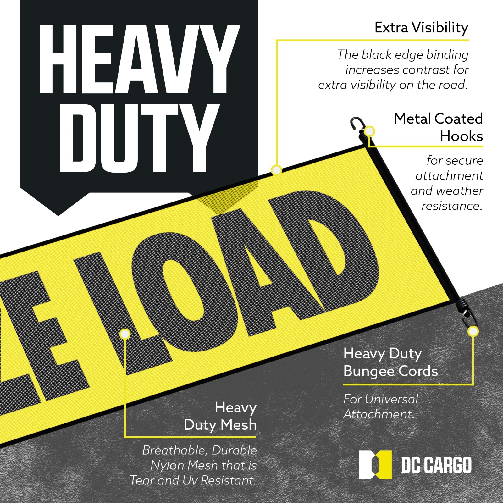 DC Cargo Oversize Load Sign Black Border & Bungee Oversized Load Banner, 2-pack