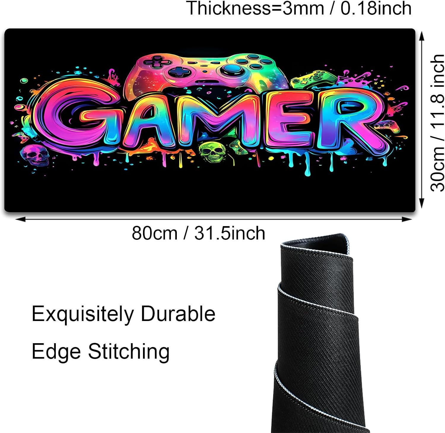 Gamer Gaming Mouse Pad, Blacklight Game Controller Horror Skull Waterproof La...