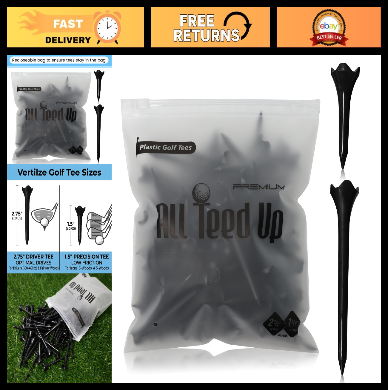 Premium Plastic Golf Tees Combo Pack - 2.75" & 1.5" Black Tees for Golfers