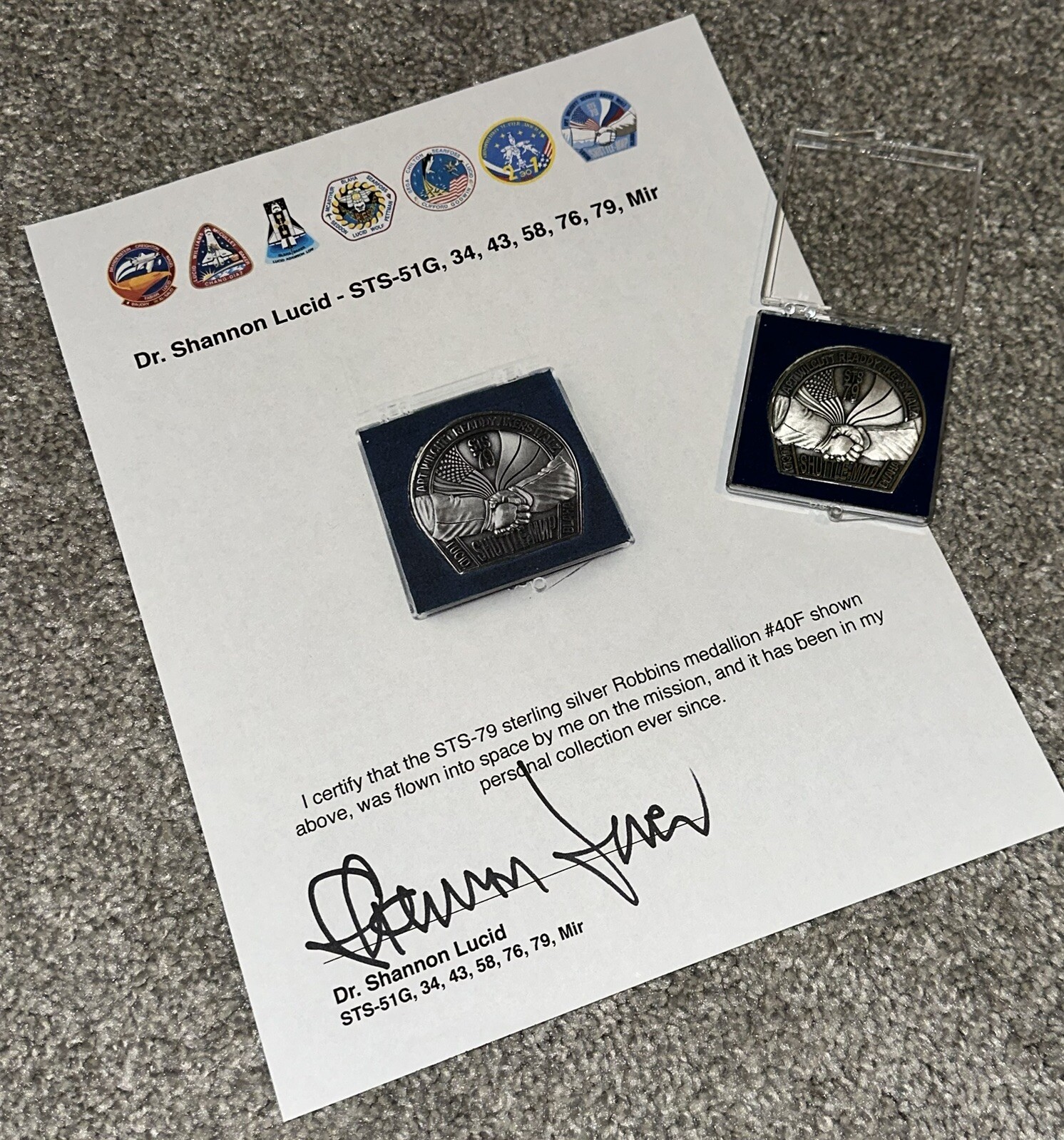 STS-79 Flown Robbins Medallion w/ LUCID LOA ( 1 of 60 flown) MIR 188-day stay