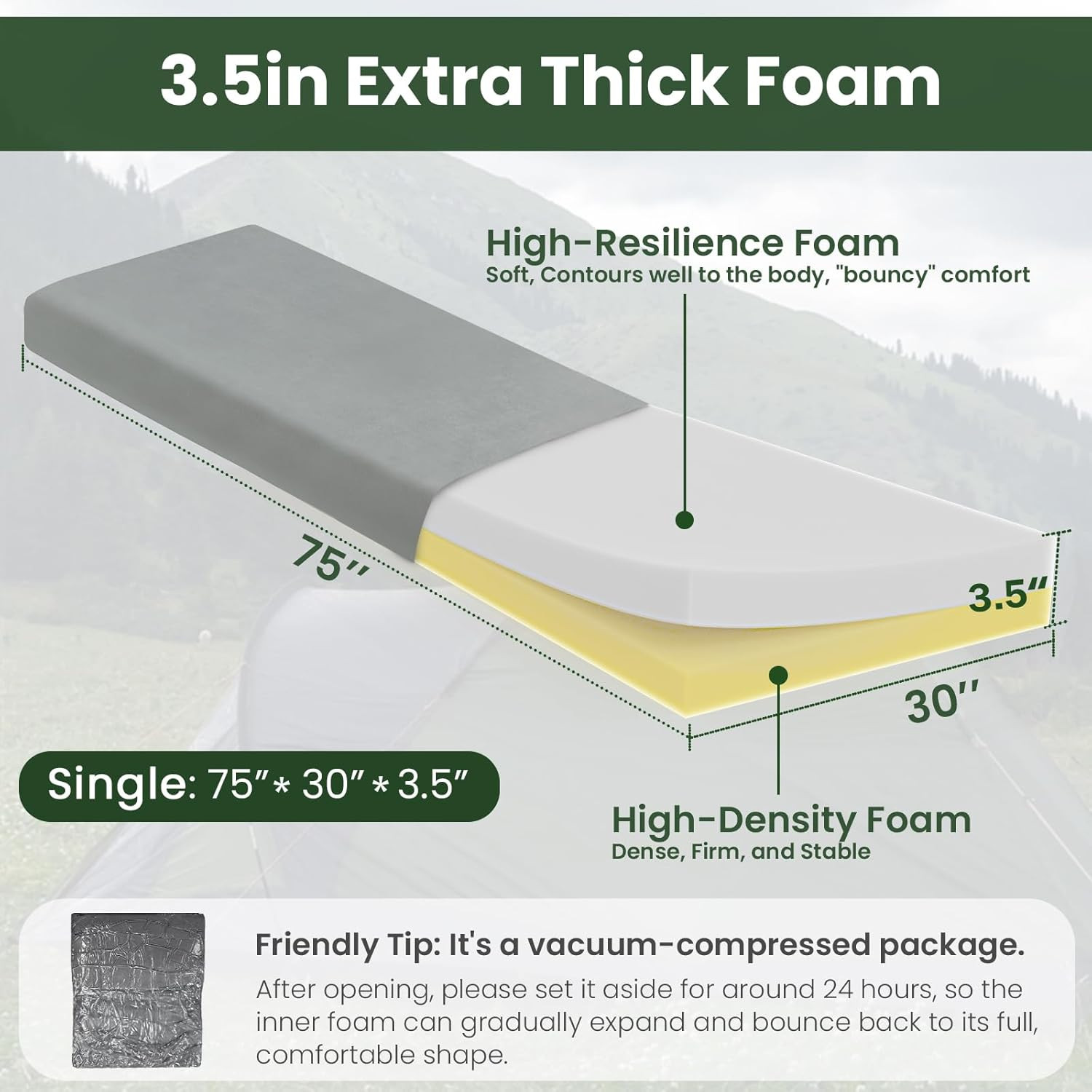 Extra Thick Supportive Foam Camping Mattress with Travel Bag | 3.5" Think
