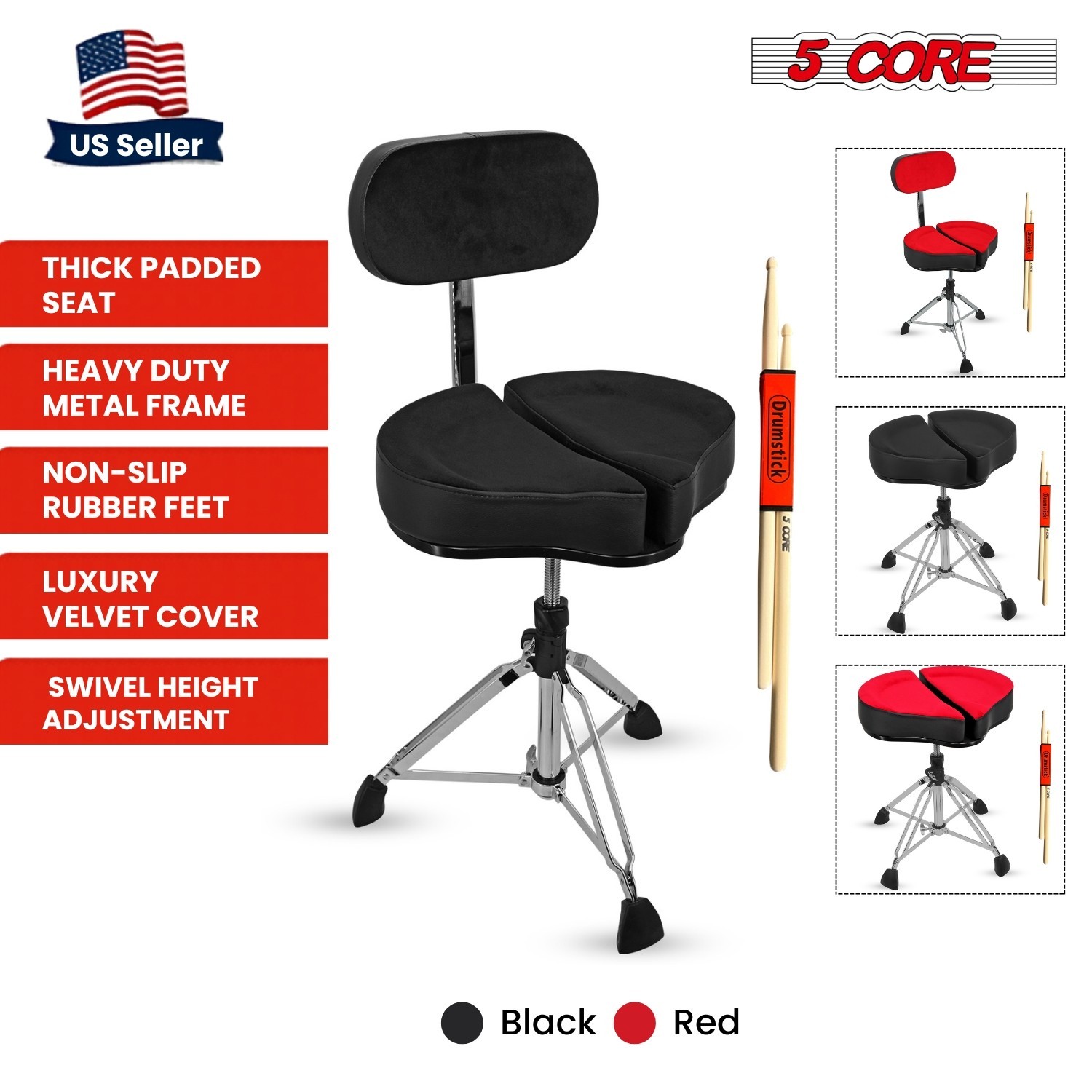 5 Core Drum Throne 5" Padded Velvet Top Adjustable Guitar Stool w Backrest