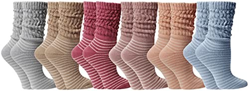 Yacht & Smith Womens Cotton Slouch Socks, Knee High (6 Pairs Striped Neutral)