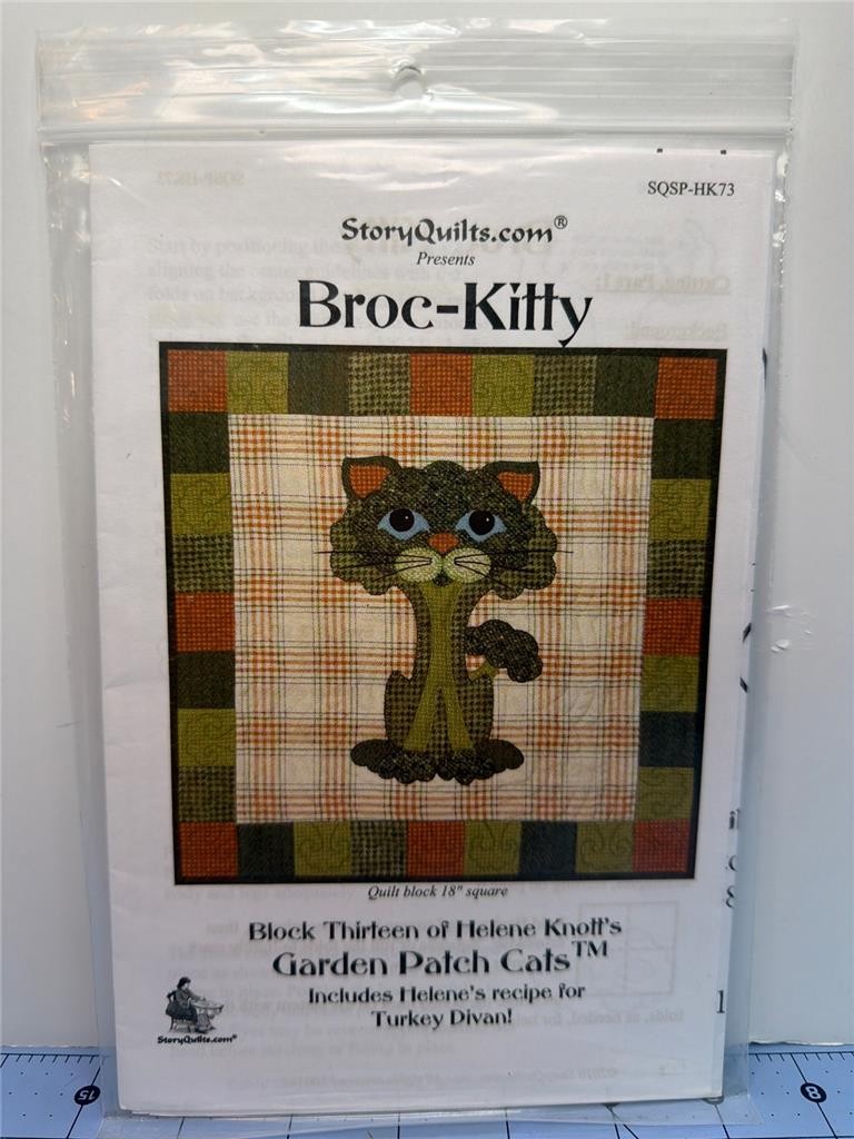 STORYQUILTS.COM Quilt Pattern - BROC-KITTY - Garden Patch Cats Block 13 - 18"