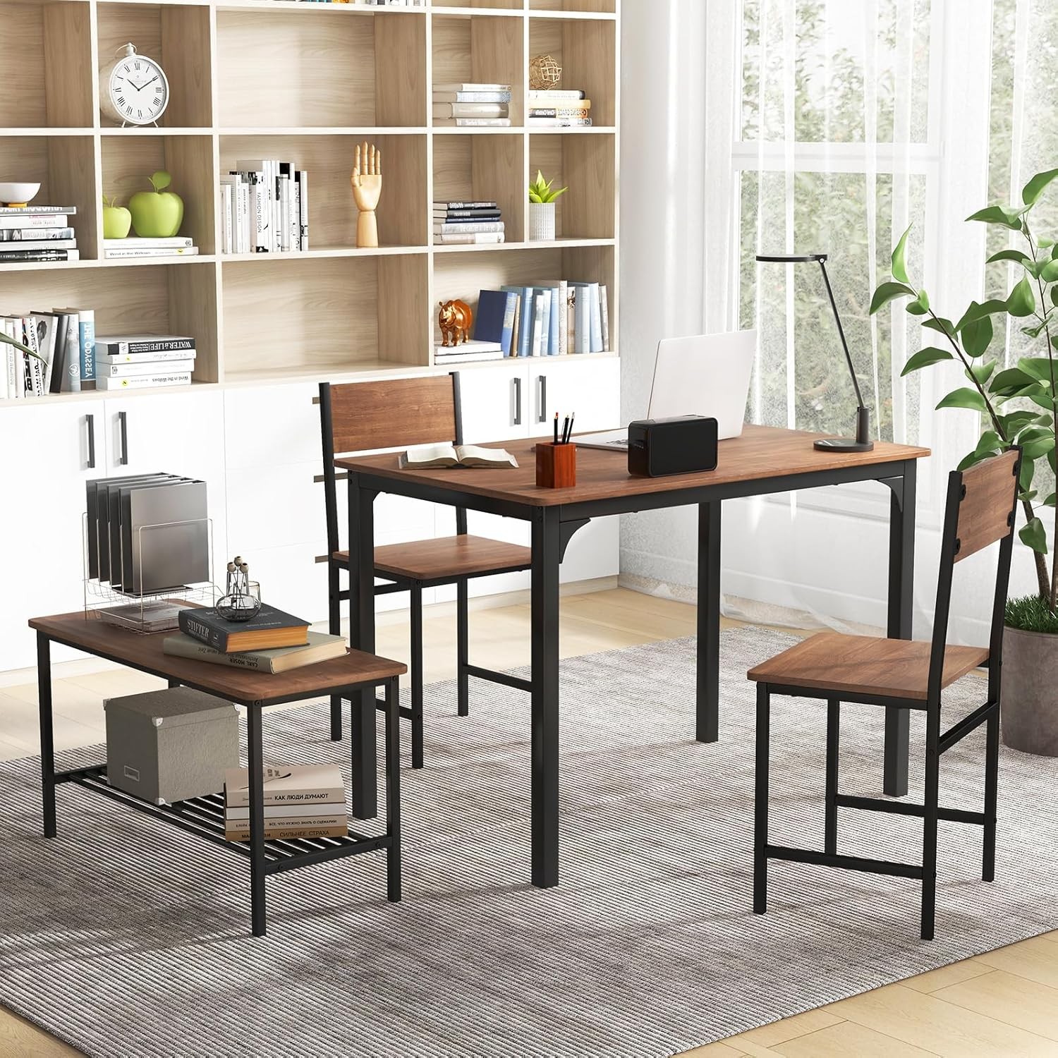 Dining Table Set 4 43" Kitchen Table & Chairs Dining Bench W/ Metal Frame &