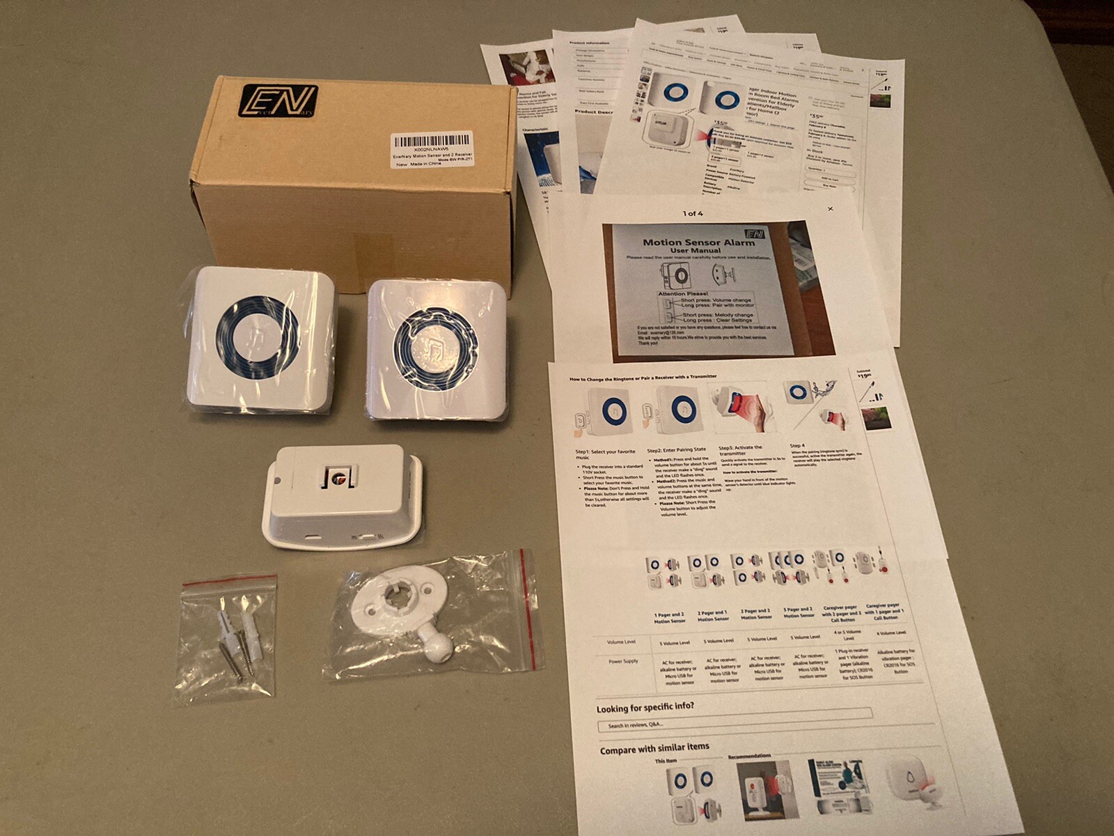 EverNary Caregiver Indoor Motion Sensor Alarm and 2 Receivers BW PIR-2T1