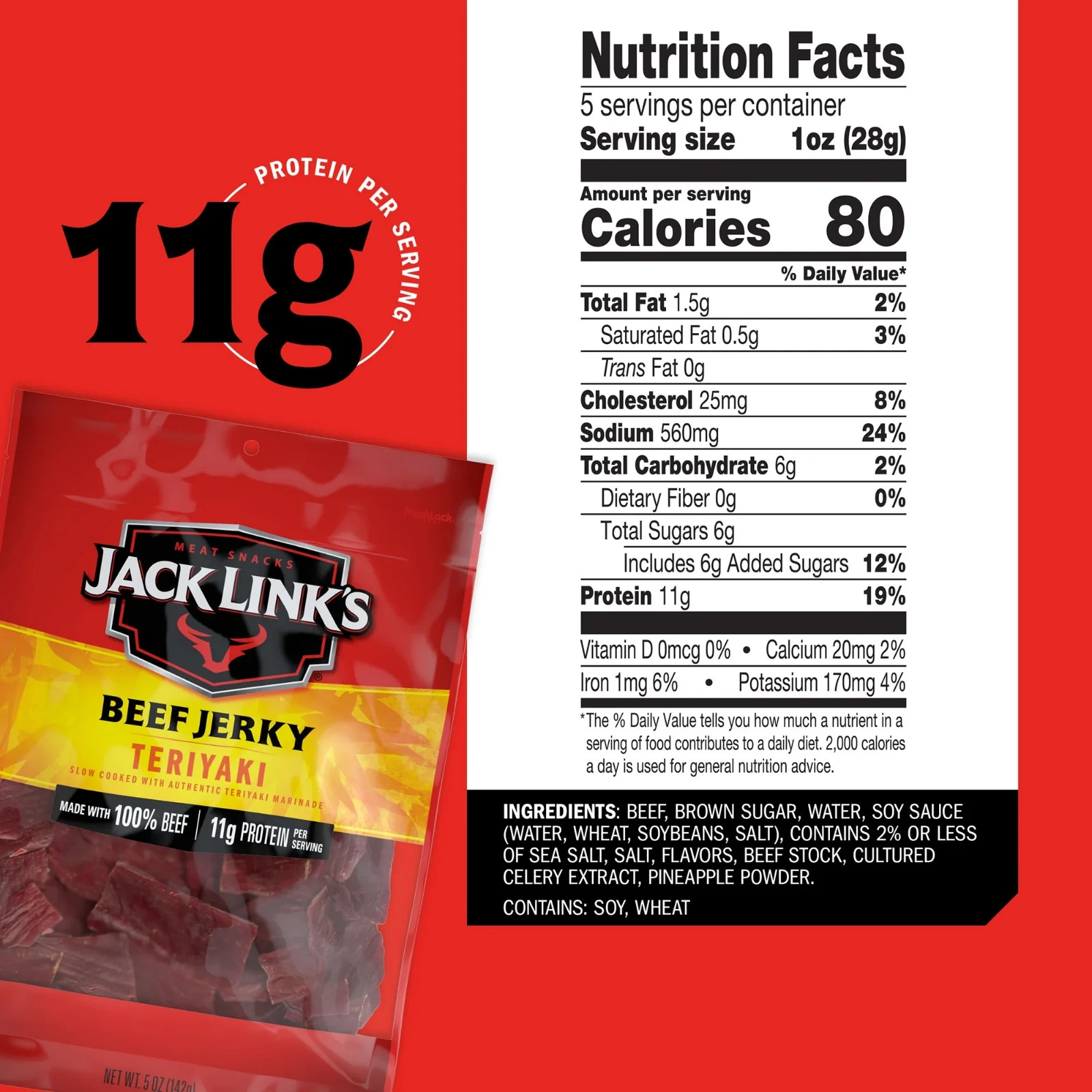 High-Protein Teriyaki Beef Jerky - 5oz, 100% Beef