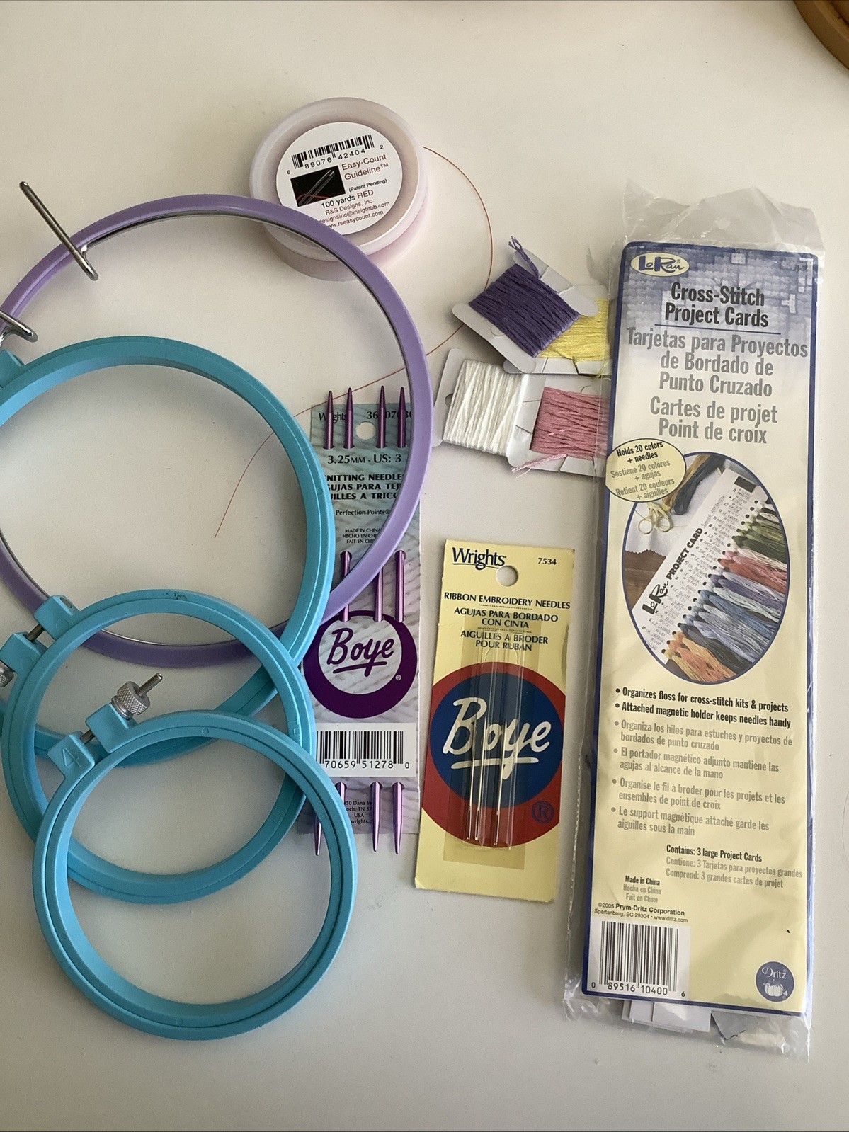 NEW Lot of Embroidery Wood Hoops Needles Thread Cross Stitch Project Cards