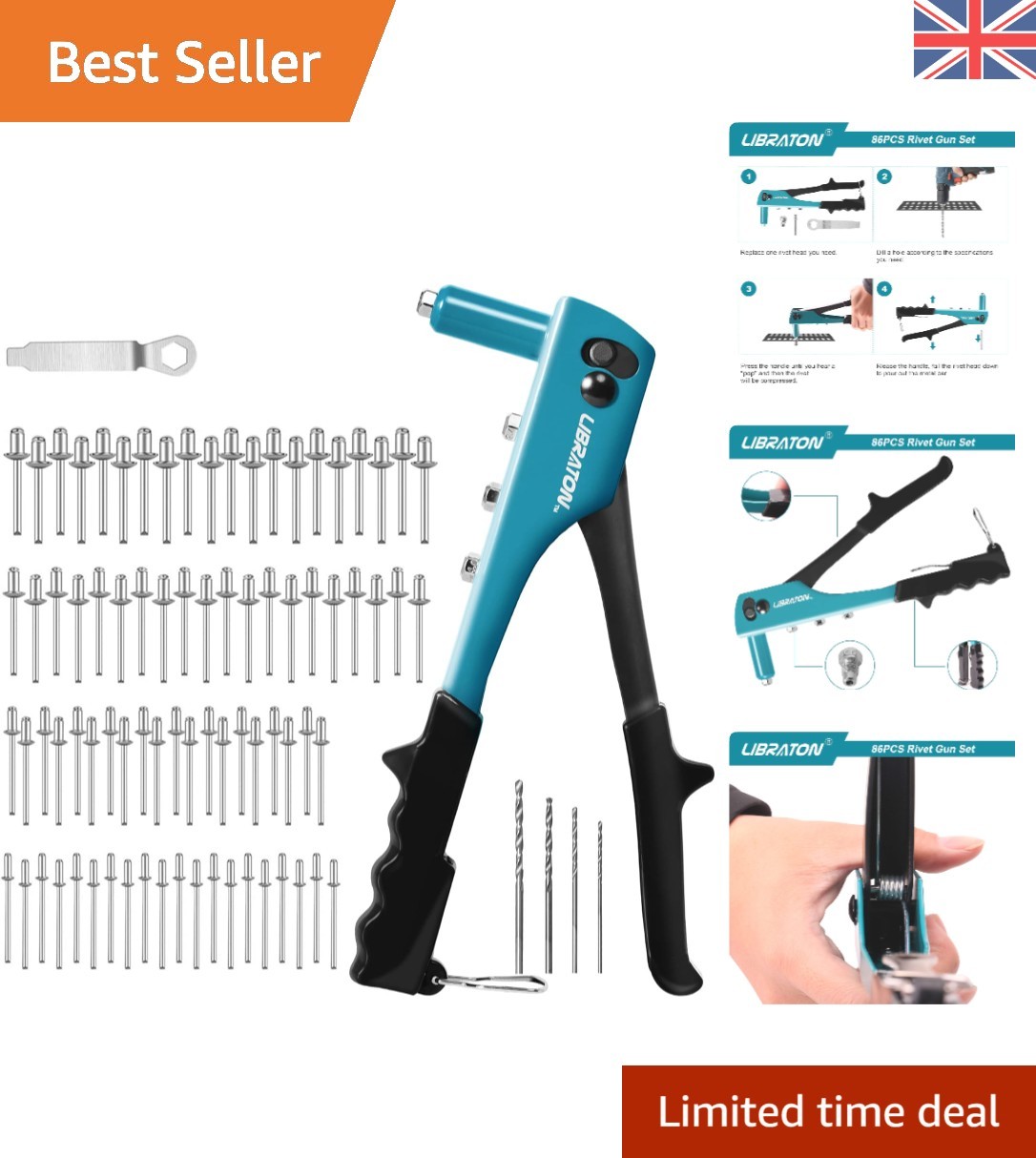 Lightweight Rivet Gun Kit - Professional Tool with 80 Metal Rivets & Drill Bits