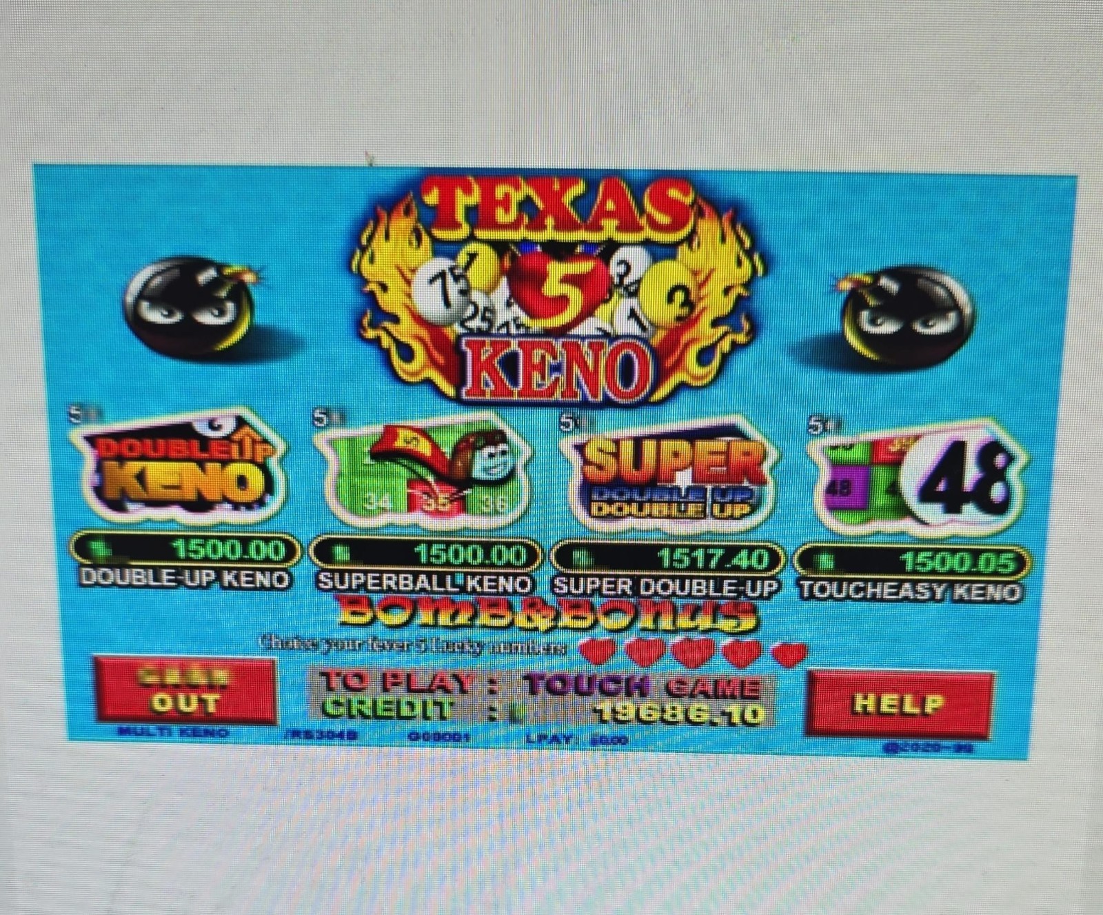 TEXAS KENO GAME BOARD 5 HEARTS