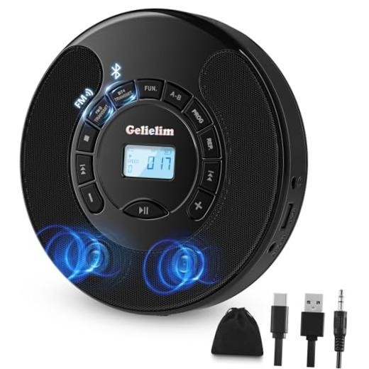 Portable CD Player for Car, Rechargeable Personal CD Player with Shiny Black
