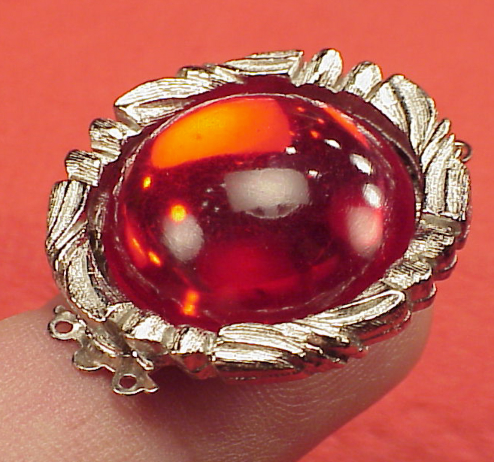Vintage 27mm Necklace Clasp Connector 2 Str Cherry Red Cabachon Chromed Art Deco