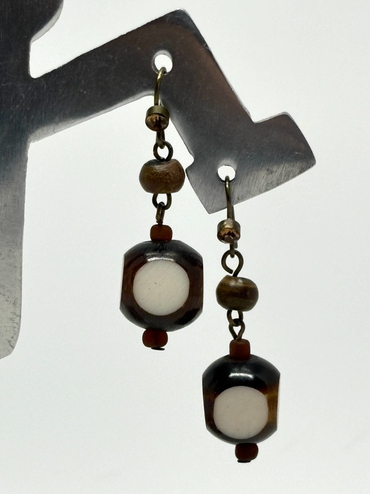 Relativity Brown White Dangle Earrings Acrylic Wood Boho New On Card
