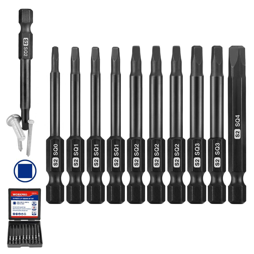 WORKPRO 10 PIECE Magnetic Square Bit Set 1/4 Inch Hex Shank Screwdriver Bits Set