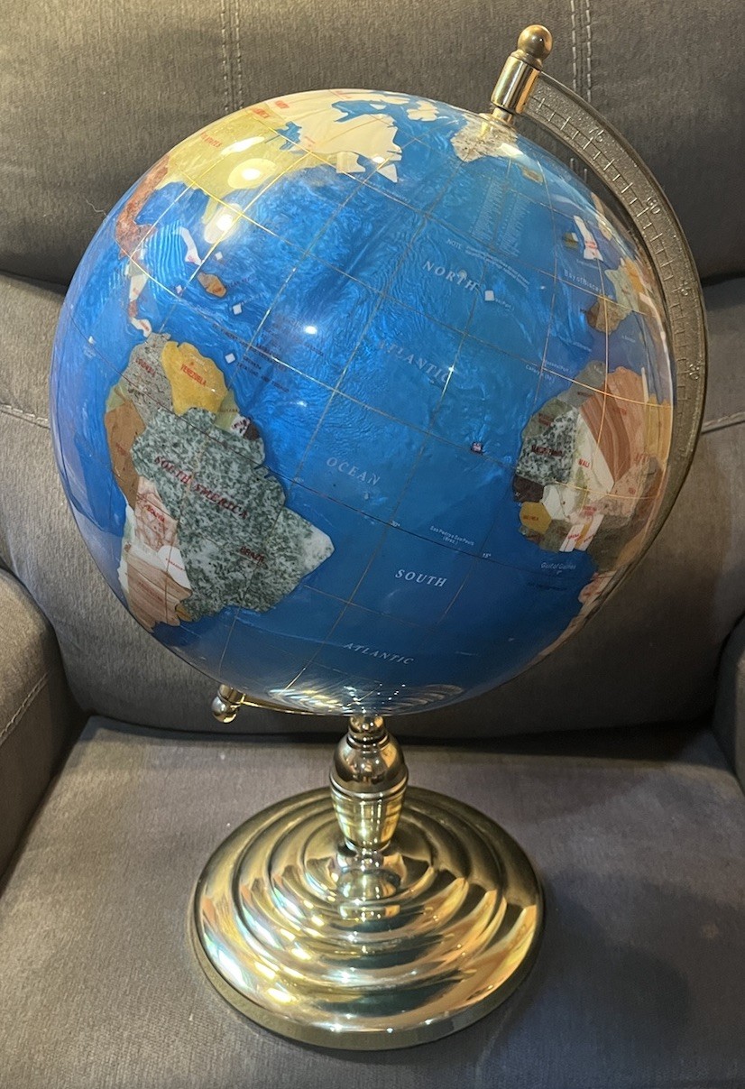 Vintage 23” Lapis Lazuli Gemstone World Globe Inlaid Mosaic Brass Stand