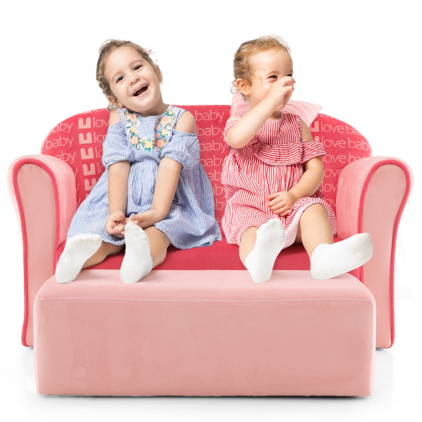 Kids Double Sofa Velvet Upholstered Sofa Couch w/ Armrests & Footstool Pink